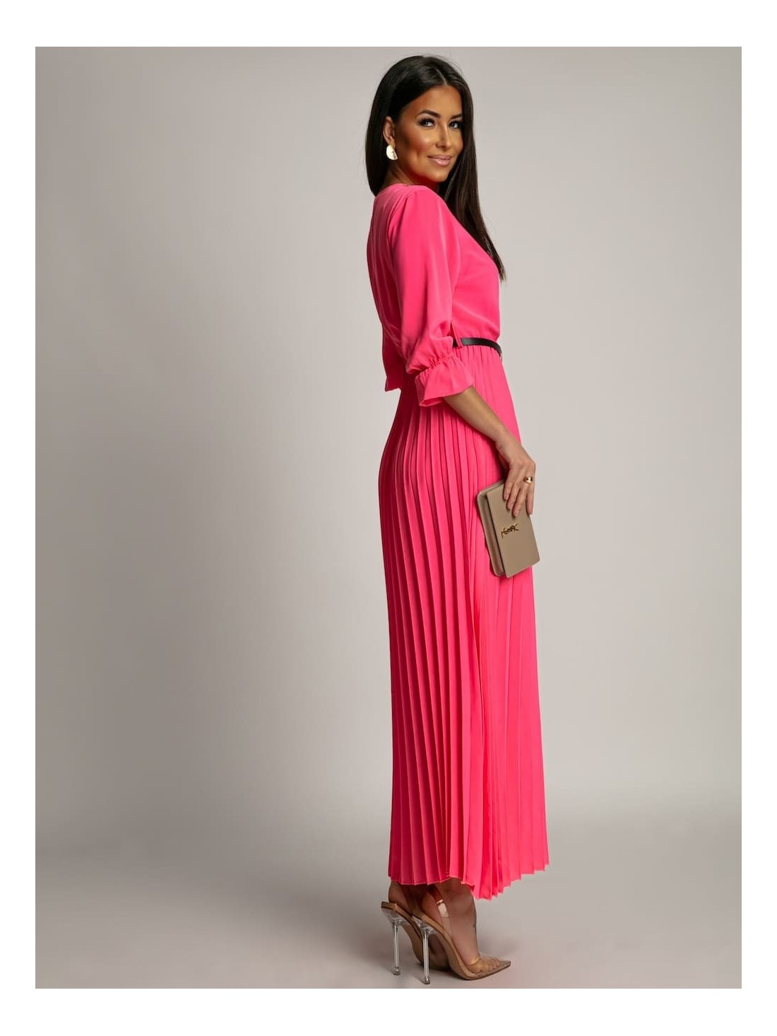 Elegant pleated maxi dress with a belt, neon pink 17160